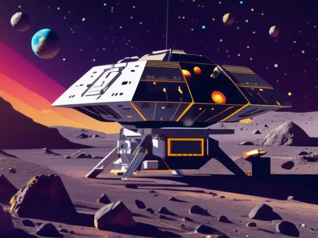 A breathtaking image of a futuristic asteroid mining spacecraft in action, mining the surface of an intricate and colorful asteroid