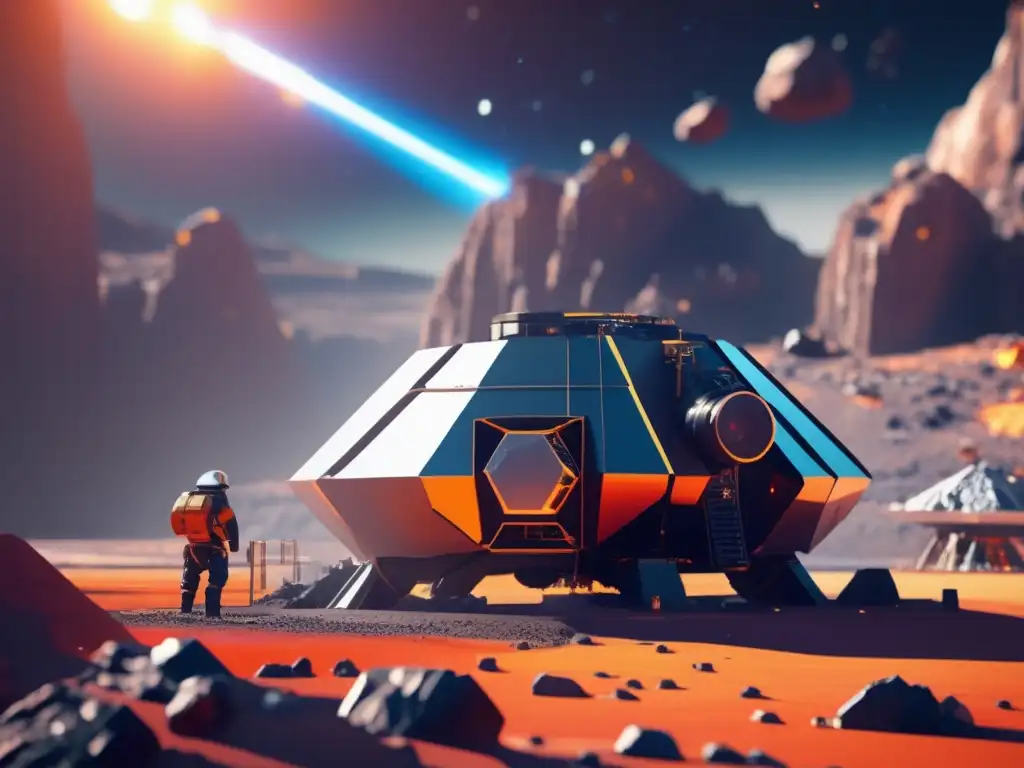 A high-tech mining station glows in the luminescent glow of a massive asteroid