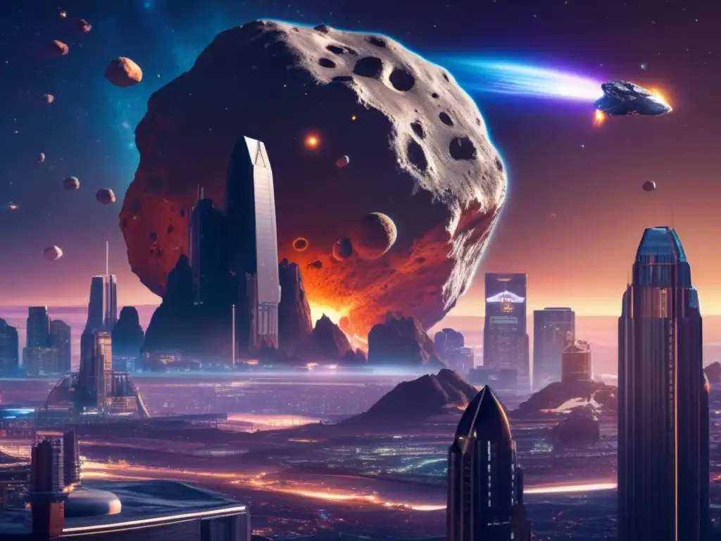 A stunning photorealistic image of a massive asteroid floating in front of a futuristic cityscape, with space shuttles and asteroid miners working in the background