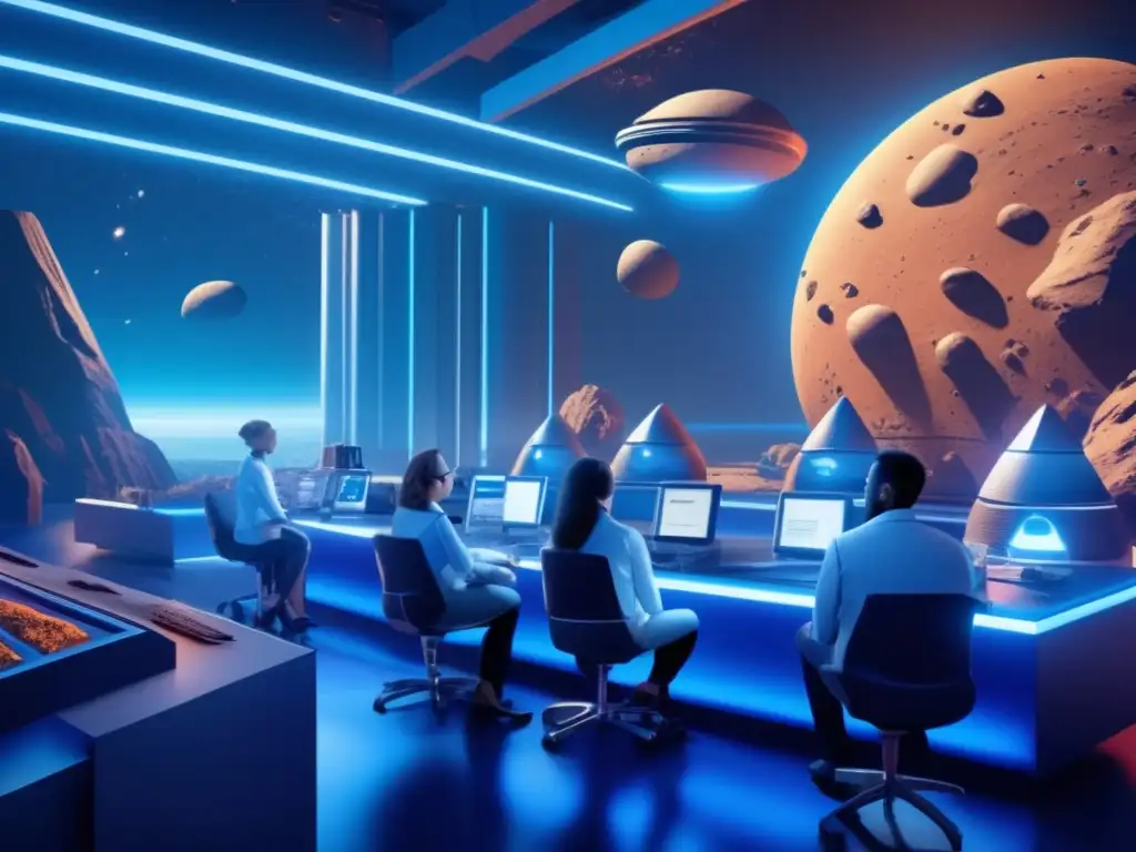 ASEM: The Future Awaits: A Feast for the Eyes in the Asteroid Lab A team of scientists in a futuristic lab, studying Hilda asteroids with intensity, surrounded by state-of-the-art equipment
