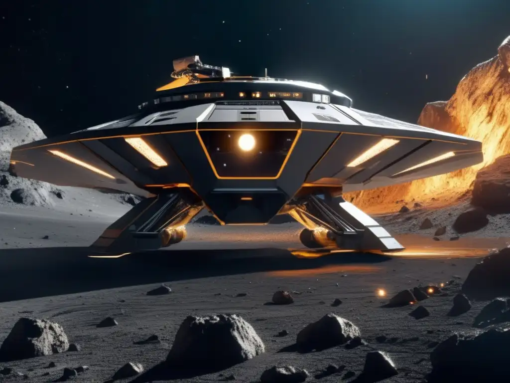 A stunning photograph captures a futuristic spacecraft breaking through the surface of an asteroid, showcasing advanced mining engineering techniques