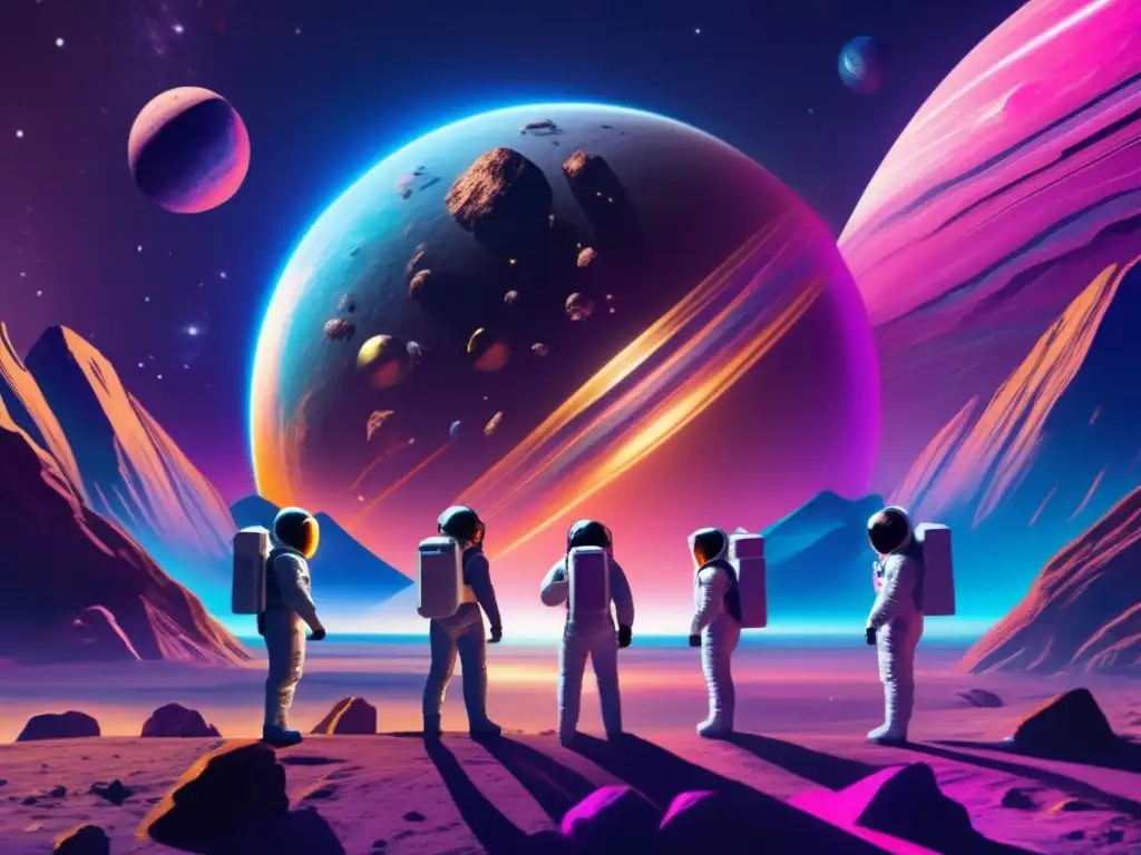 A jaw-dropping photorealistic image, showcasing a celestial scene of astronauts in futuristic gear exploring an illuminated asteroid