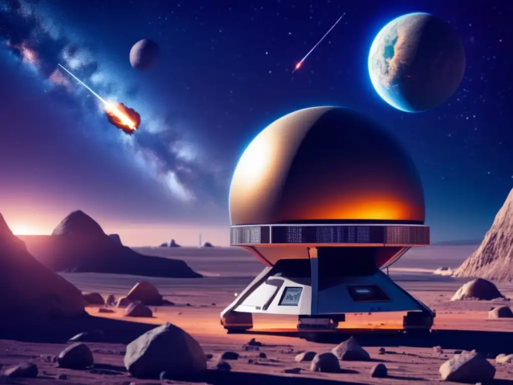 Futuristic planetary defense space instrument in a laboratory setting, equipped with a communication device and control panel