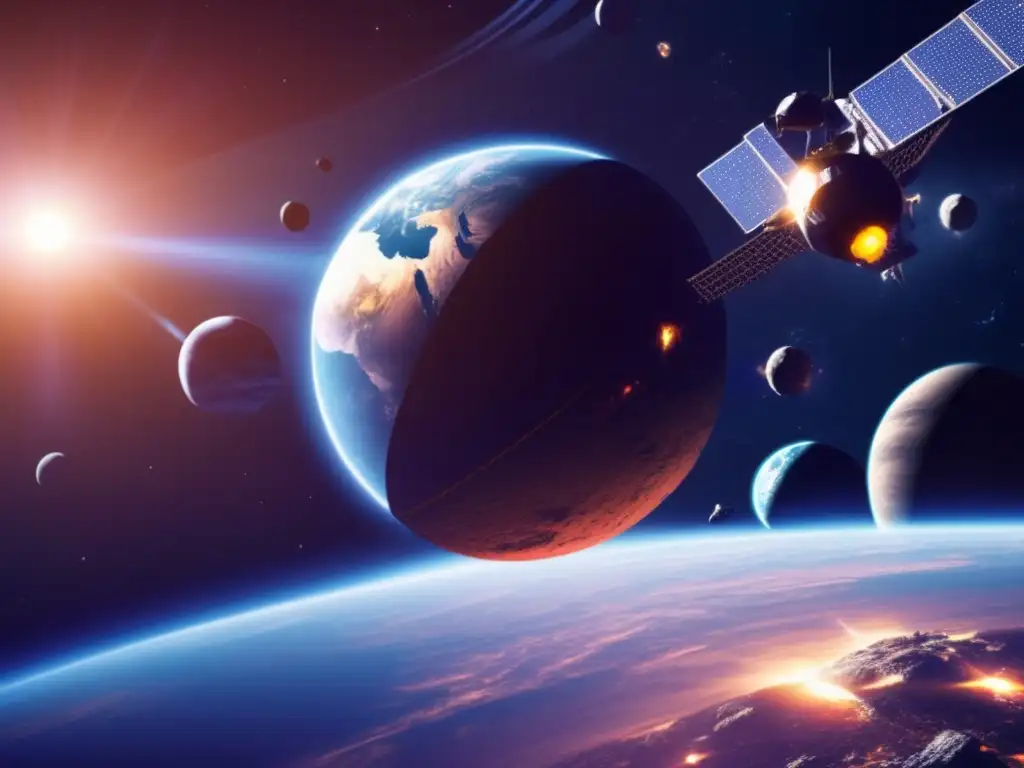 The photorealistic image reveals a futuristic space station orbiting Earth, shielded by solar panels and equipped with defense mechanisms