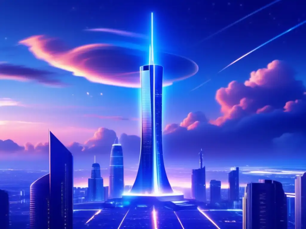 Nightfall in a Metallic Tower: A Photorealistic Vision of Isaac Asimov and Robert Silverberg Dash: - A futuristic, sleek skyscraping metallic tower stands tall against a deep indigo night sky, emitting a pulsating blue glow at its pinnacle