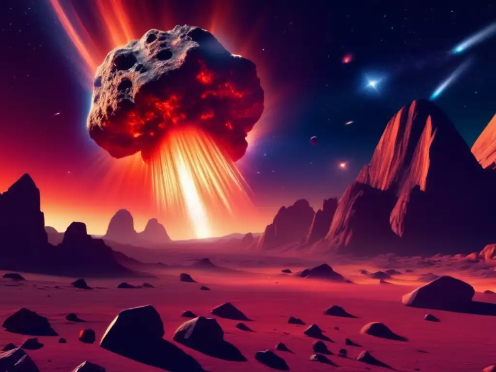 A stunning asteroid descends through a swirling nebula, surrounded by a cluster of smaller rocks