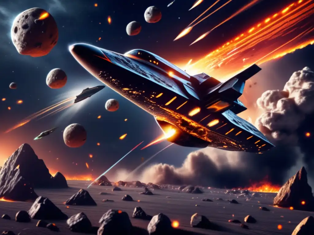 Stunning photorealistic image of a spaceship defending a planet from an asteroid impact