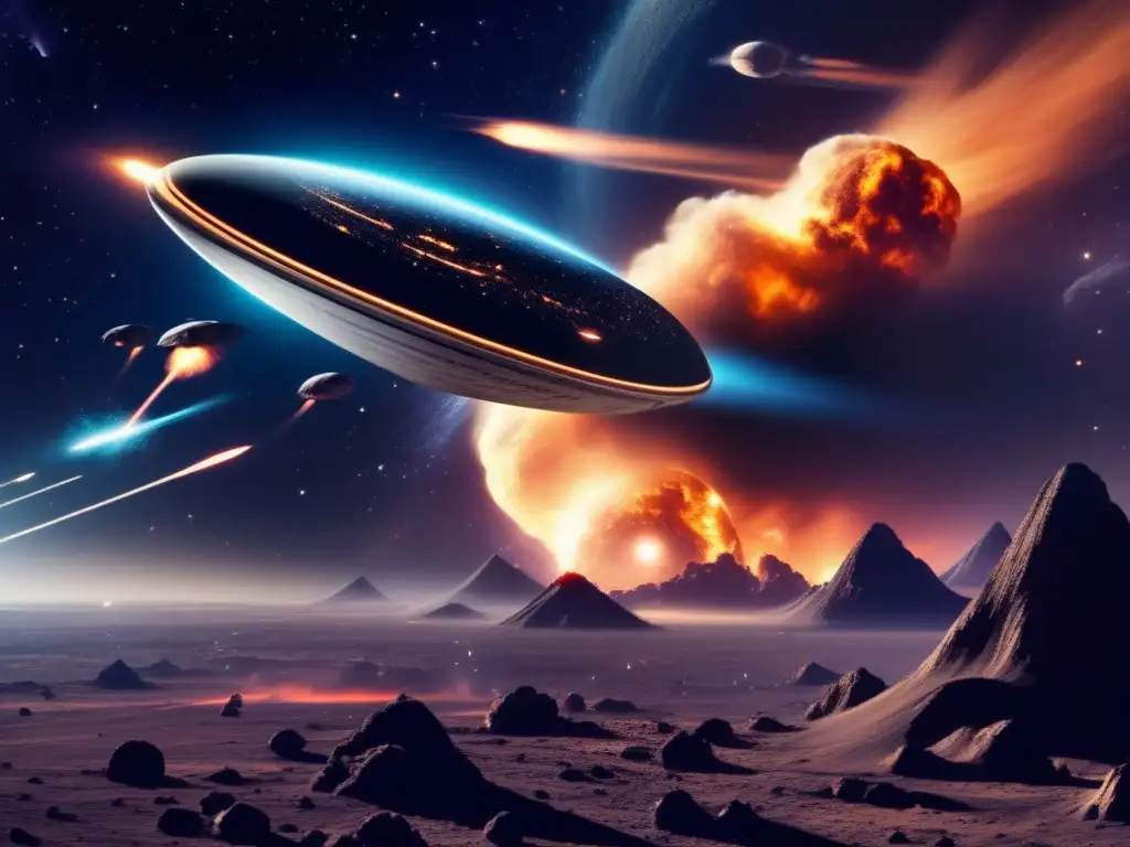 Battle for Life: A Spaceship's Last Duel in a Galaxy on Fire Feast your eyes on a battle-scarred spacecraft soaring through the inky expanse of space, firing off blasts of scorching fire and smoke in its wake