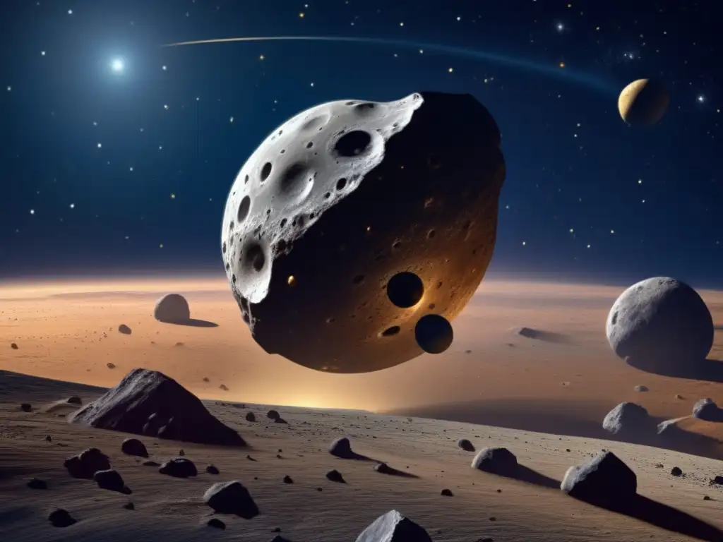 Galileo's epic exploration of asteroid Gaspra: a breathtaking photorealistic image capturing the intricate details of the spacecraft's encounter with the asteroid's surface features, craters, and shadows, all set against a vast cosmic backdrop with nebulas and stars