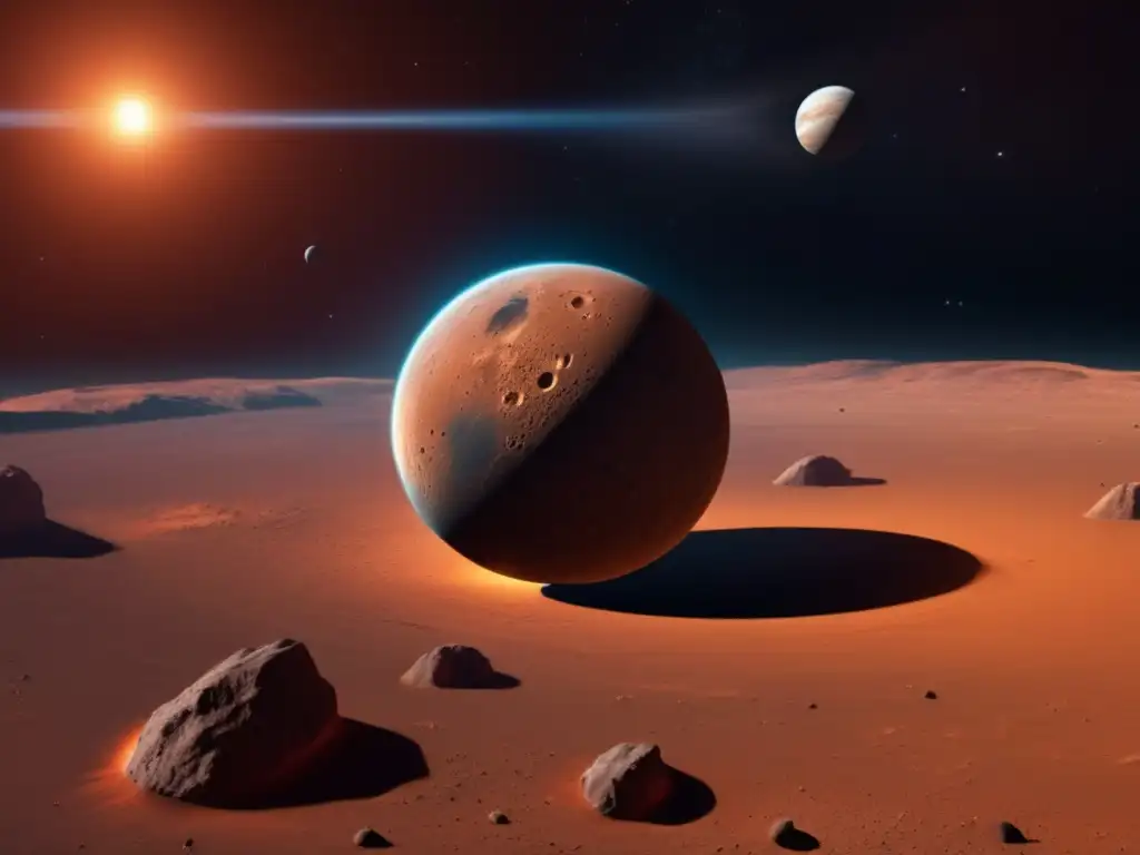 Dazzling Detail: Ganymede's Close Call with Mars | Photorealistic Planetary Science Art Ganymede asteroid crosses Mars orbit - A stunning photorealistic image capturing the size and texture of Ganymede, shown in close proximity to Mars
