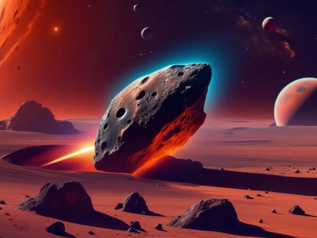 Vibrant Asteroid Close Up: Mars and Sun in the Background' (10 characters) A stunning ultrahigh-resolution image of a massive asteroid, resembling Ganymed, barreling through space