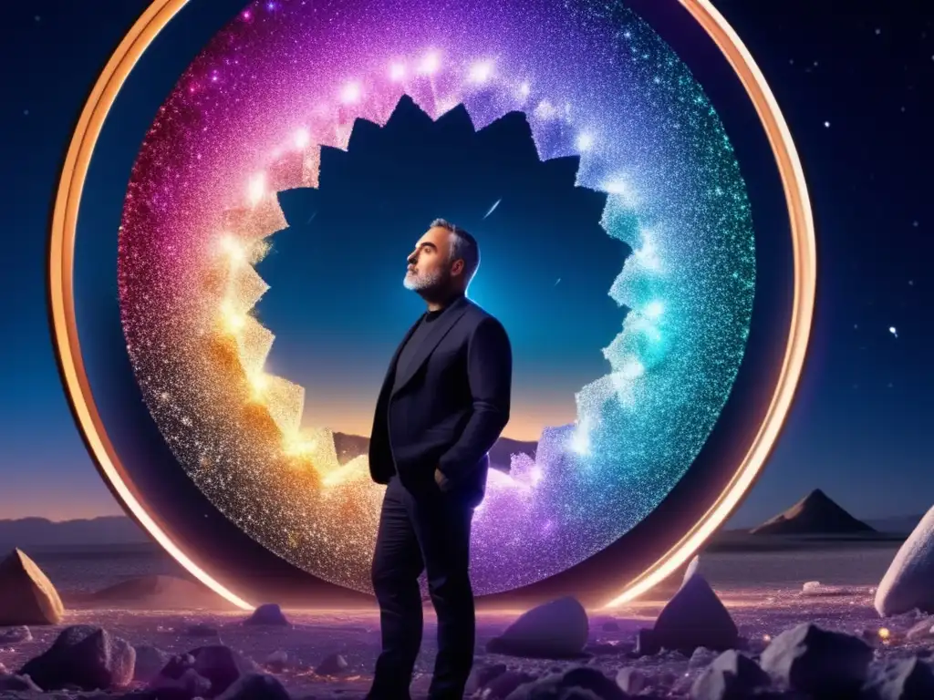 Alex Garland gazes at a colorful asteroid reflected in a crystal formation, a high contrast image