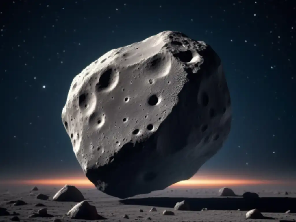 Asteroid1620 Geographos: Caught in the Dark Expanse of Space - A breathtaking photorealistic image captures the rugged beauty of Asteroid 1620 Geographos, a rocky celestial orb amidst the vast darkness of space