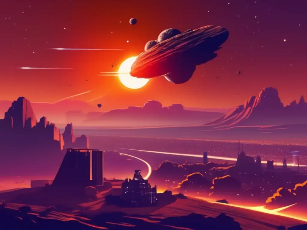 Asteroid High - Giant space rock descends; sun sets in orange glow