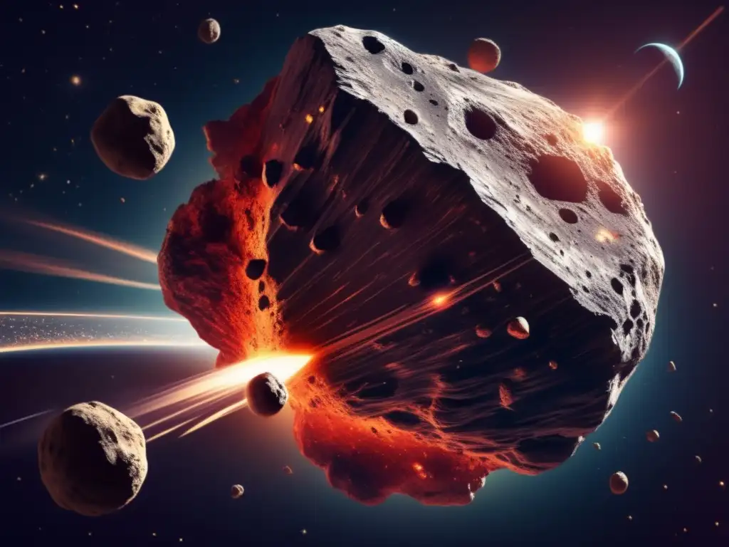 A colossal asteroid with intricate shadows and reflections, enveloped in a veil of dust and debris, hurtles towards Earth