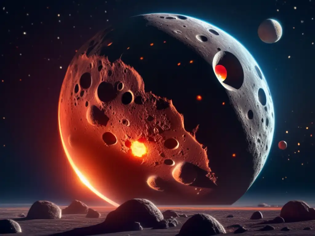 A breathtaking photorealistic rendering of a massive asteroid, depicted with stunning details and intricate craters