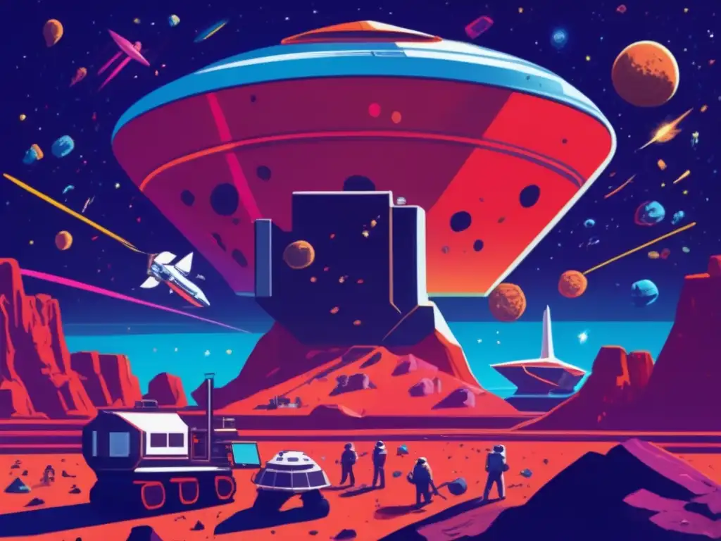 A breathtaking view of a colossal asteroid orchestrating a space mining operation, with vibrant satellites and mining ships working in harmony
