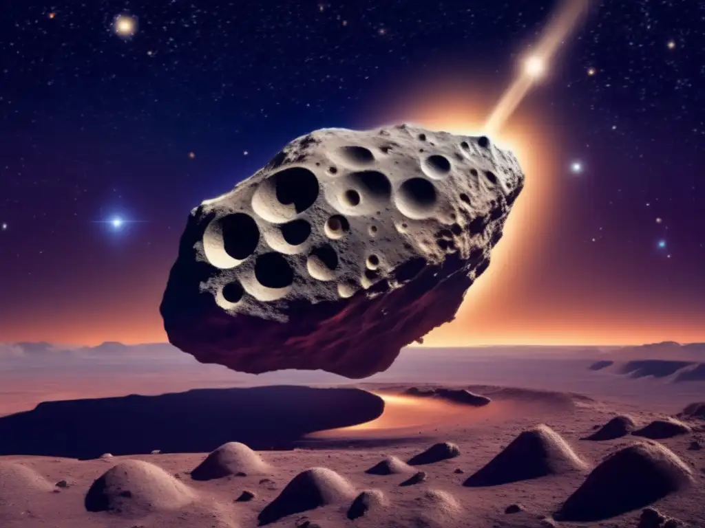 A stirring cosmic encounter, depicted realistically, of Cyclops - a gigantic, rocky asteroid, 5 kilometers in diameter, with deep craters and jagged surfaces - serenely floating amidst a luminous nebula, surrounded by a glittering array of twinkling stars and celestial phenomena