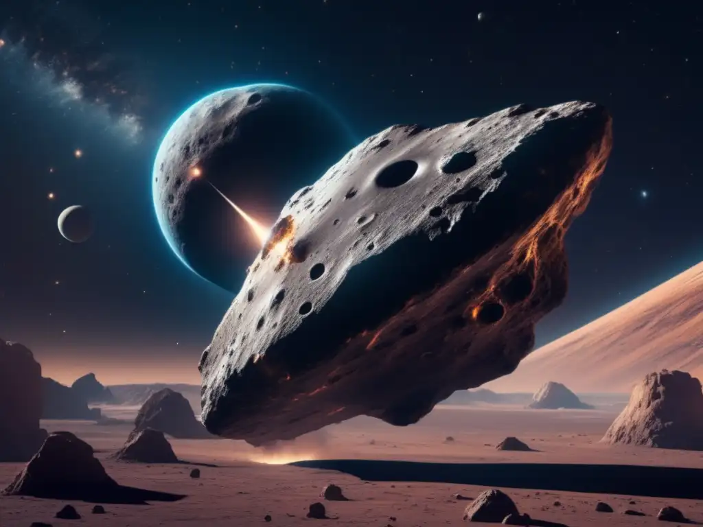 A cataclysmic asteroid roars through space, its stark, jagged form casting an ominous glow