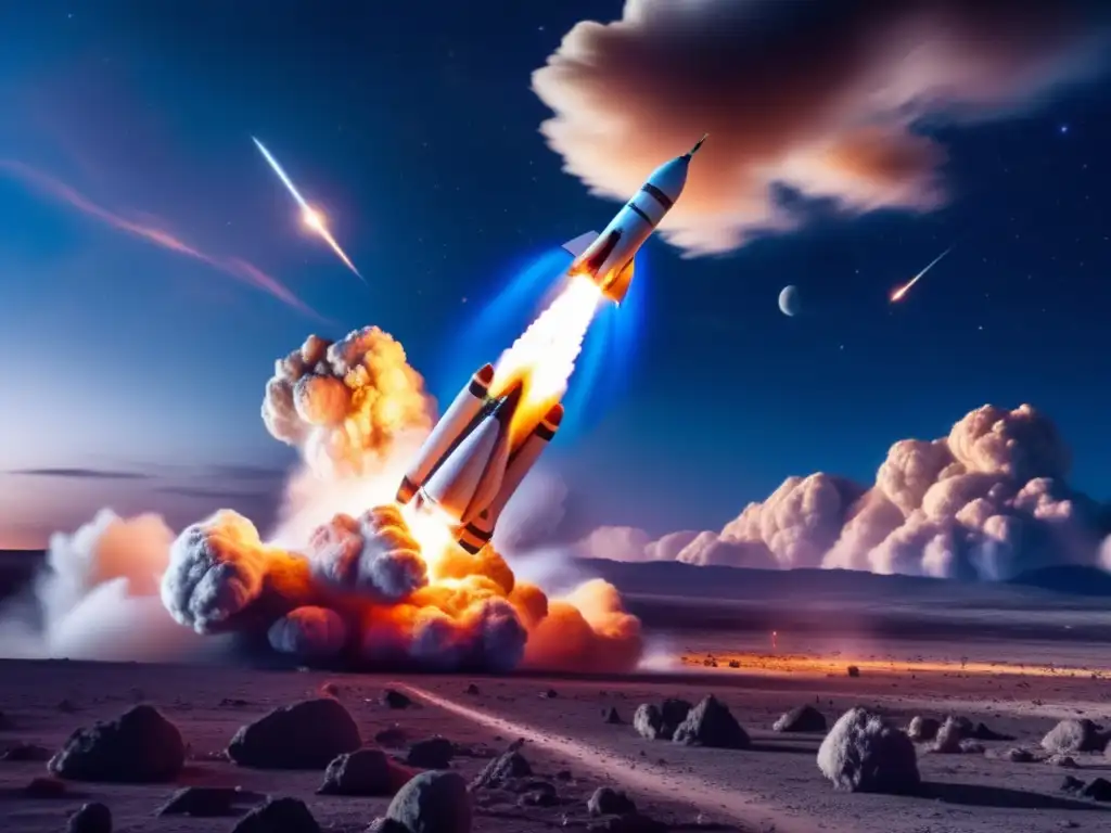 The rocket world, a giant in the dark, takes flight with a burst of light, leaving earth in its wake through a sea of smoke and debris