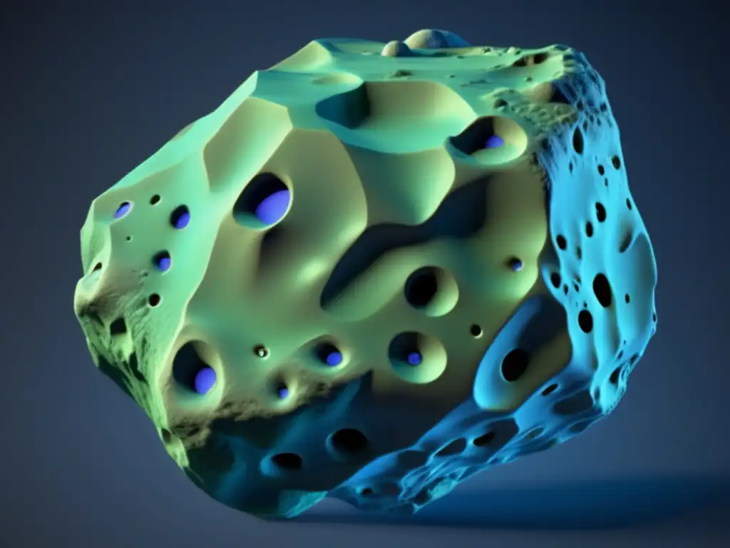 A photorealistic depiction of Asteroid Glaucus, with jagged edges and irregular surface revealed through muted grey-blue-green color scheme