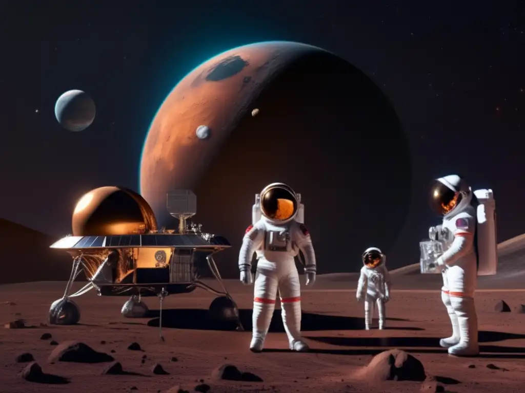 Gleaming Spacecraft Studying Ganymede: Photorealistic Image Metallic spacecraft glows amidst the dark of space, with Mars cast in the background-The intricate details of the instruments and panels are visible, emphasizing the scientific importance of studying Ganymede as a group of people in spacesuits nod in contemplation