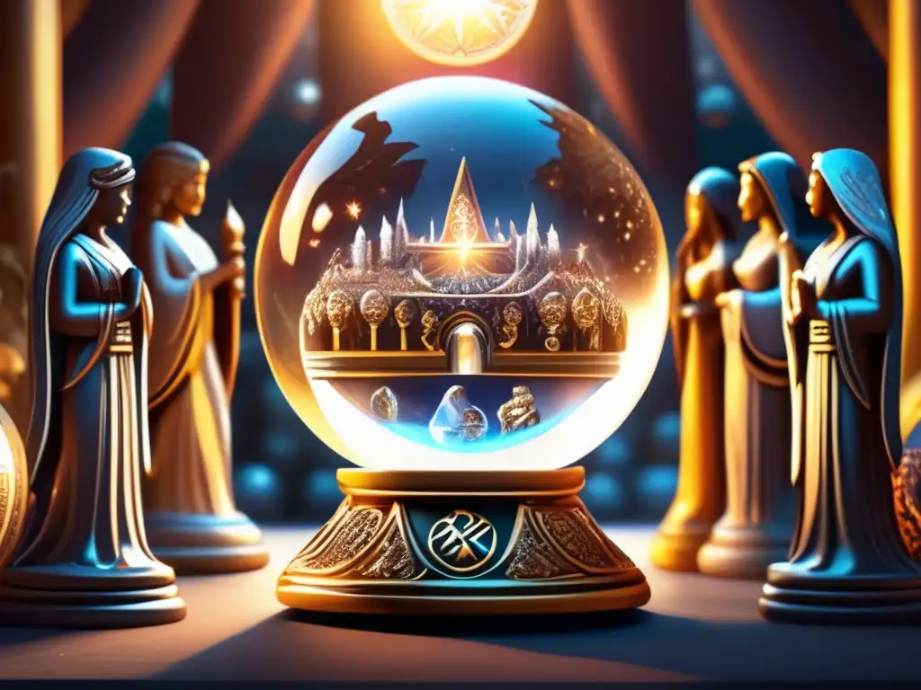 Crystal Ball Oracle: Wise Women Analyze Pagans Symbols' (60 characters) A stunning photorealistic image of a crystal ball with a glowing aura, nestled amongst a group of majestic goddess statues