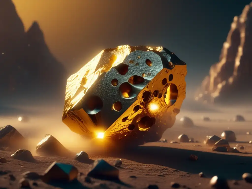A golden asteroid gleams in the space sky, radiating warmth and beauty