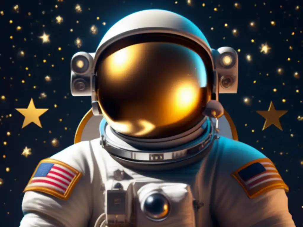Cosmonaut's Quest: Sturdy Posture in Space A cosmonaut stands stoically beside a shimmering golden orb, surrounded by the vast expanse of the cosmos