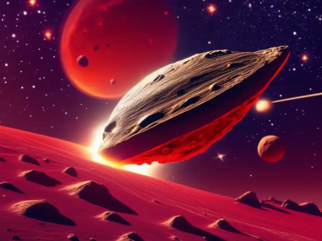 Dash - A stunning photo of a golden asteroid pod with intricate designs, hovering above a red asteroid field, emitting a soft glow with radial blades