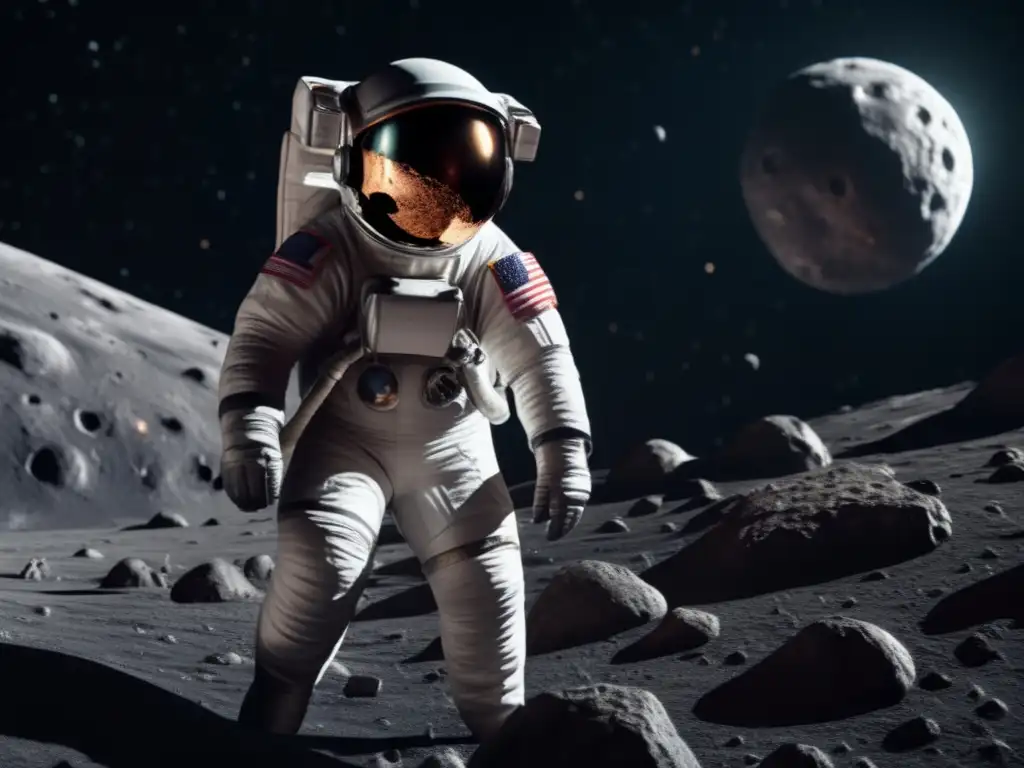 A breathtaking photorealistic depiction of astronauts aboard a spacecraft, orbiting Gorgon, the large asteroid with its intricate texture, surrounded by the vastness of black space, capturing the essence of space exploration