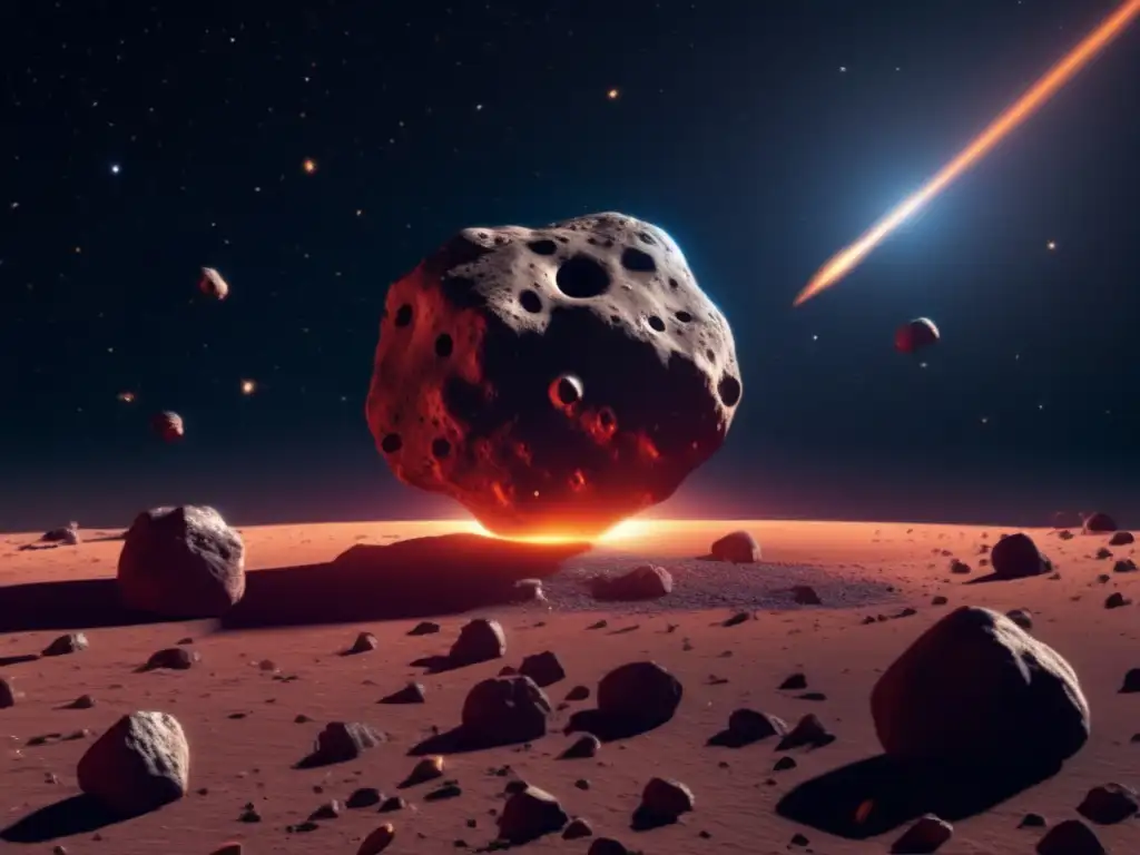 Create a visually stunning representation of Gorgon, a reddish iron-rich asteroid amid the smooth, shiny surface of its neighbors