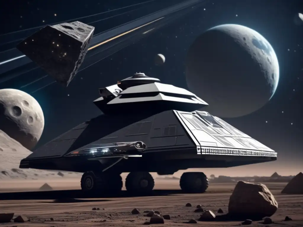 A photorealistic image of a gravitational tractor pulling an asteroid towards its Star Destroyer
