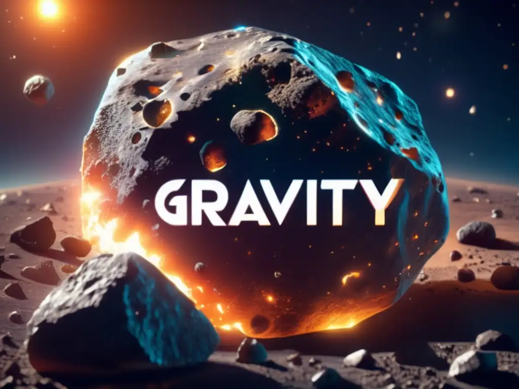 A 3D closeup of an asteroid with a bright triangular 'Gravity' logo