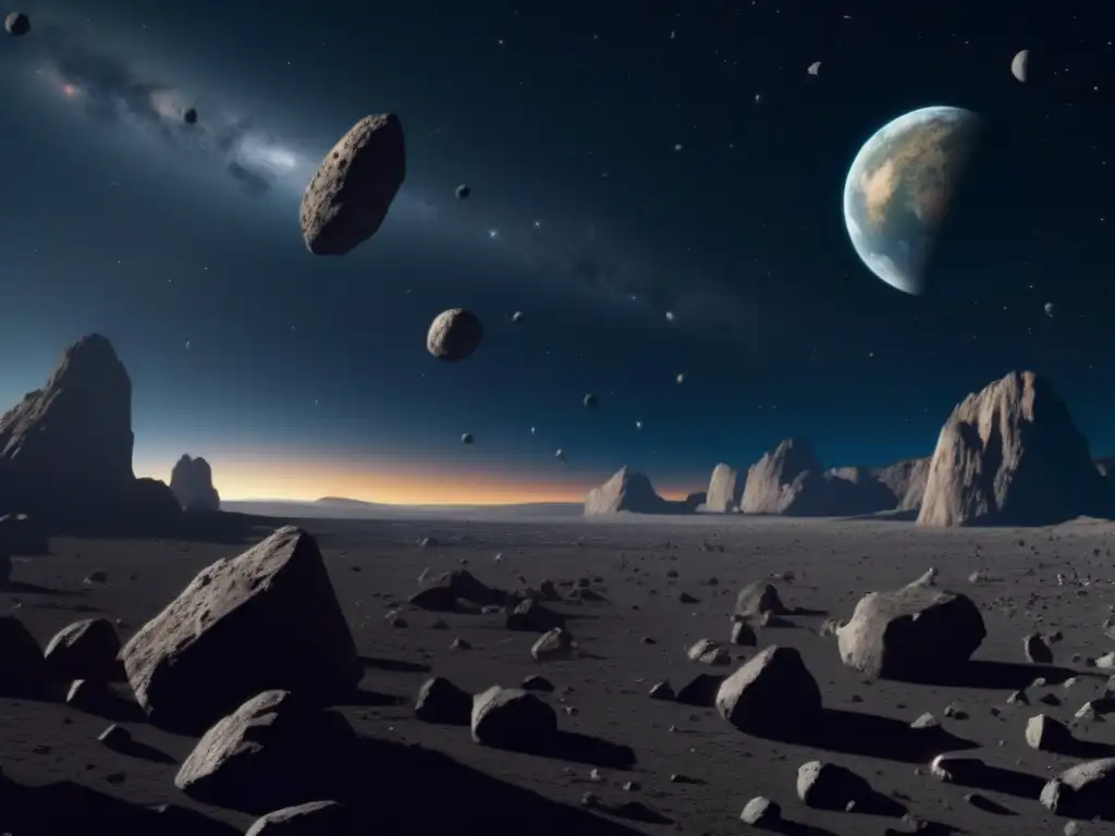A breathtaking photorealistic illustration of the asteroid field in 'Gravity,' where asteroids appear as if floating in midair, with no discernible source of light or visible atmosphere