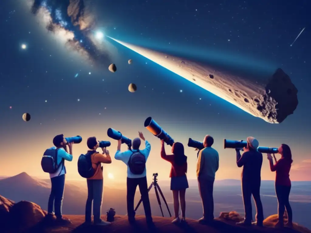 Dash: - 'Unity in Space: Astronomers Collaborate to Study Asteroid' A group of passionate astronomers unite under the stars, their faces filled with excitement as they share their telescopes and gaze upon an asteroid