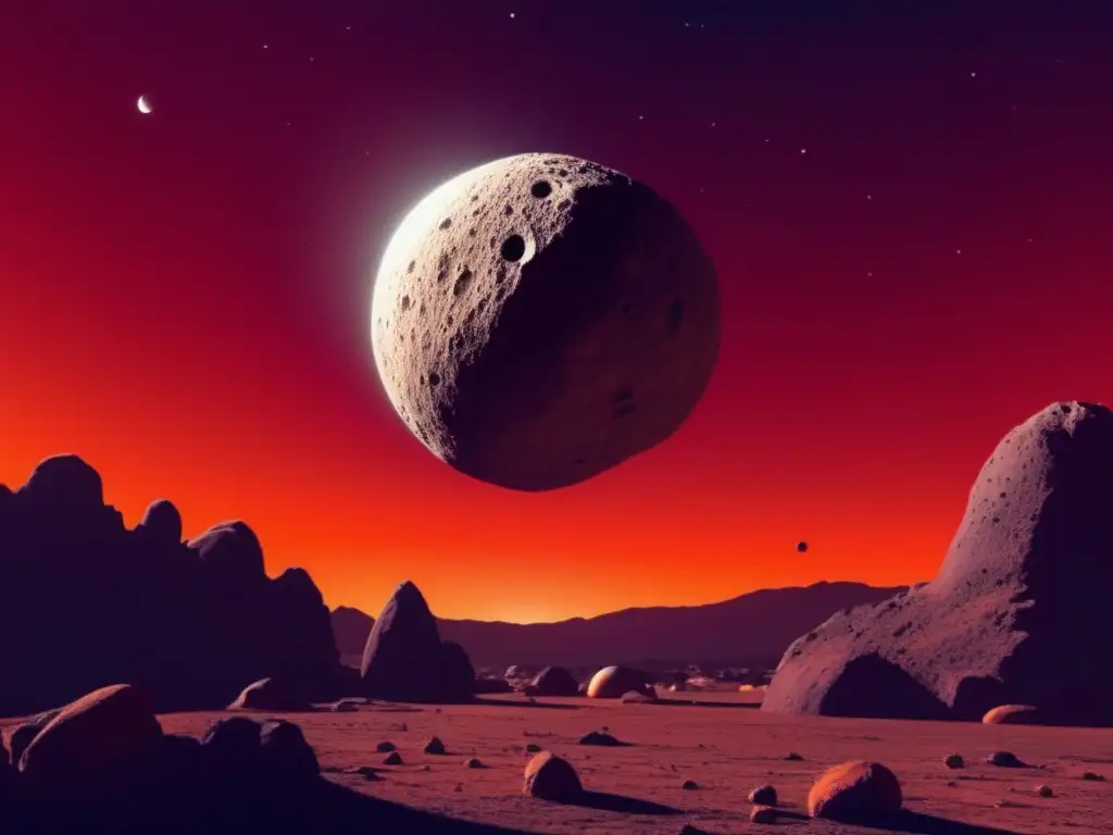 A hauntingly beautiful photorealistic image of the Halloween asteroid 2015 TB145 against a deep orangered sky, with the asteroid appearing as a massive, glowing sphere taking up most of the canvas