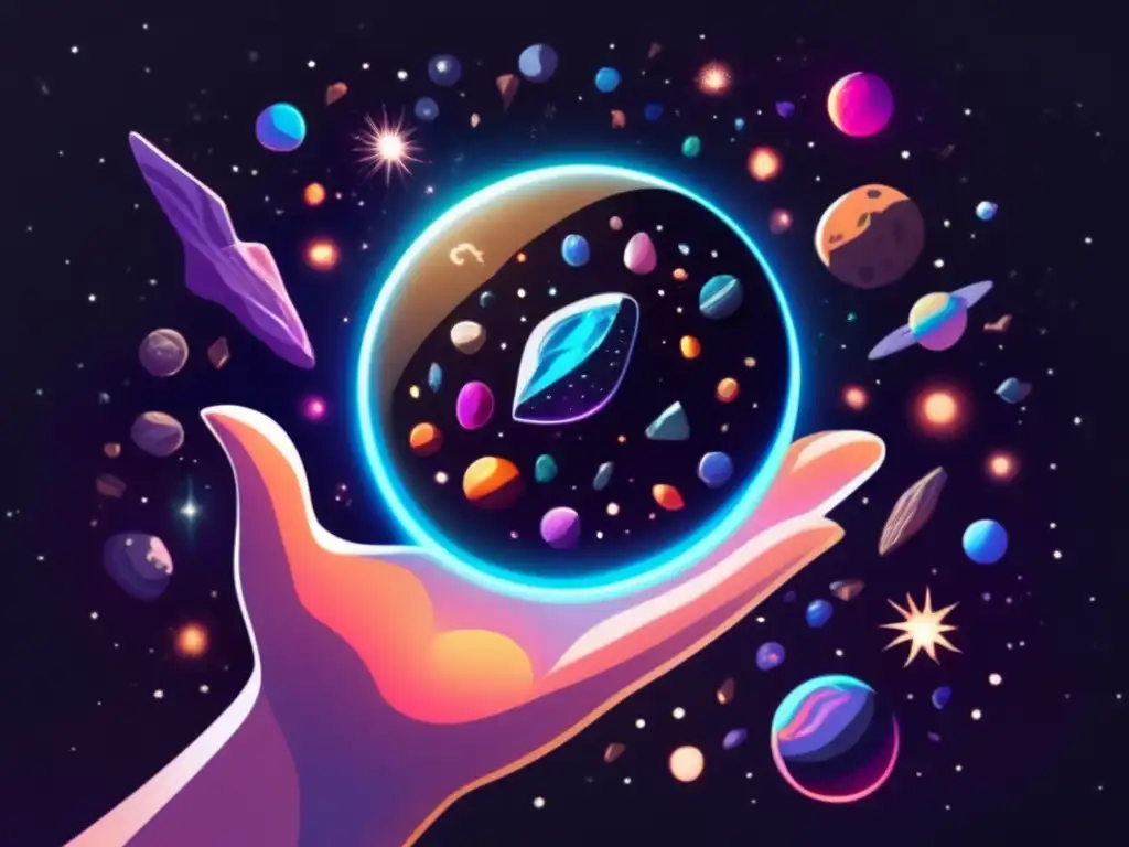 A mystical hand reaches out with the divine stone in sight, emanating a soft glow, as the cosmos reveals its vibrant beauty