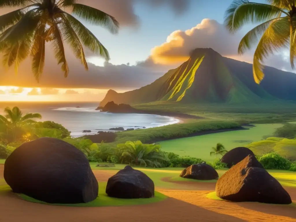 The sun rises over a large asteroid looming in the background, casting a striking contrast against the lush, tropical foliage of Hawaii
