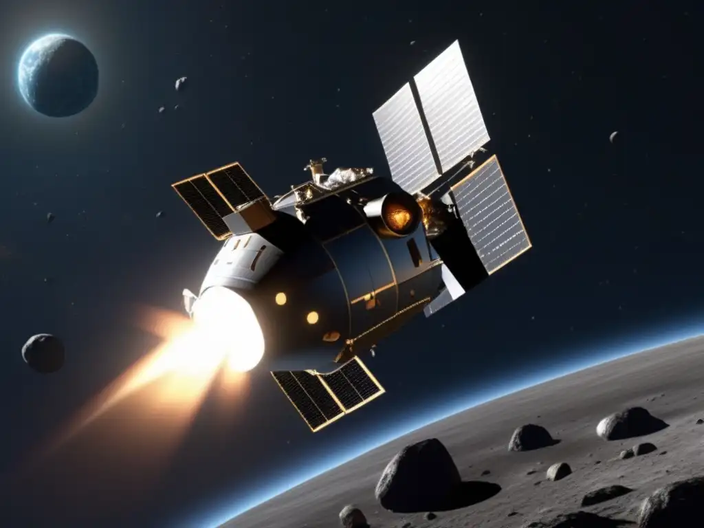 dash: 'Mission Accomplished: Hayabusa Descending onto Itokawa' Hayabusa mission spacecraft descending mechanism - closer look at asteroid's surface - sunlight reflecting - scientific significance - space exploration photograph