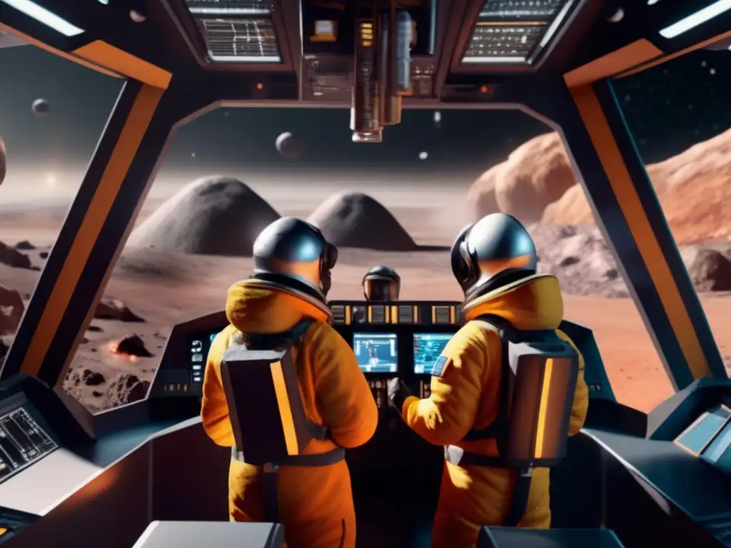 Three brave humans in hazmat suits survey ackthing---
The image captures the urgent task of mining an asteroid