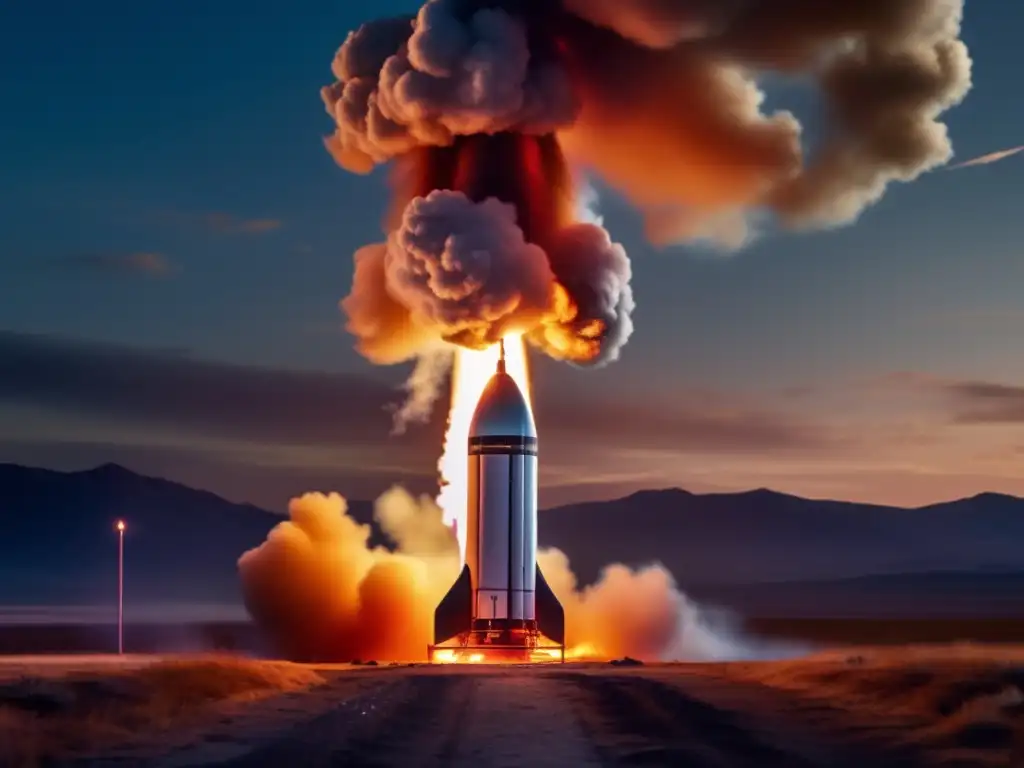 Rocket Launch: Heating Up Amidst Serene Landscape' (59 characters) A rocket's journey to the unknown begins at a launch site, with its orange flames blazing against the still sky