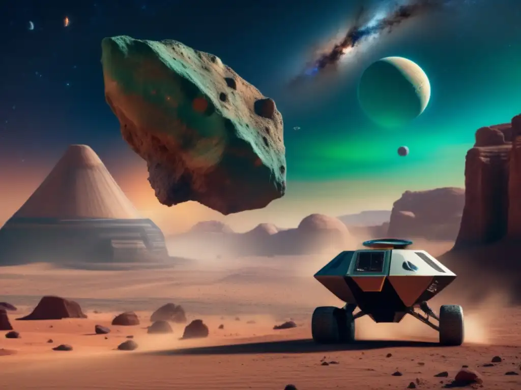 A breathtaking photorealistic portrait of Hector asteroid, featuring a lone unmanned spacecraft perched atop its rugged, vibrant-colored terrain
