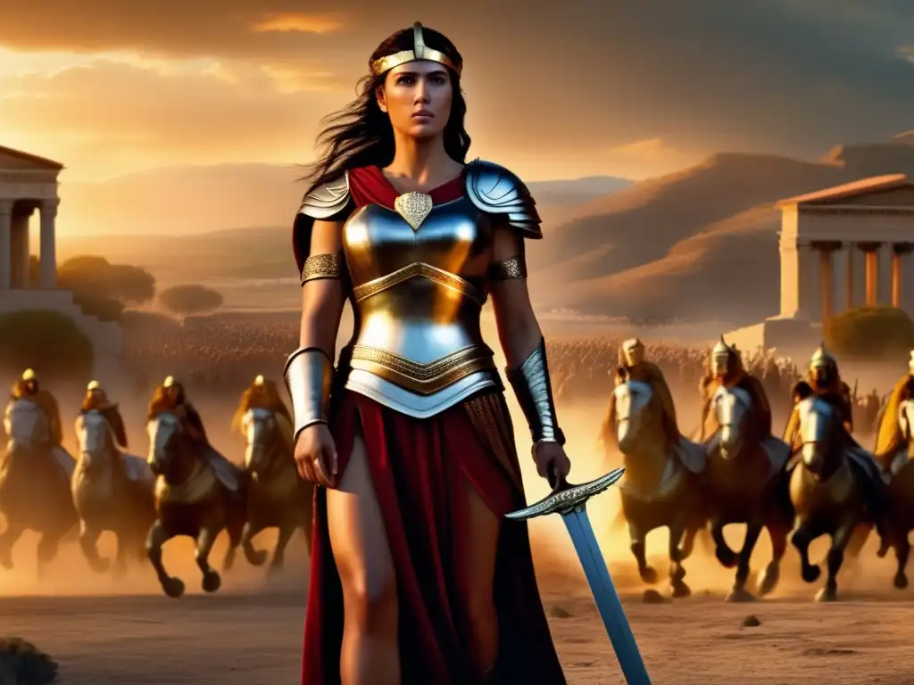 Hecuba, dressed in resplendent armor with a regal aura, stands proudly atop the atrocious battlefield of Troy
