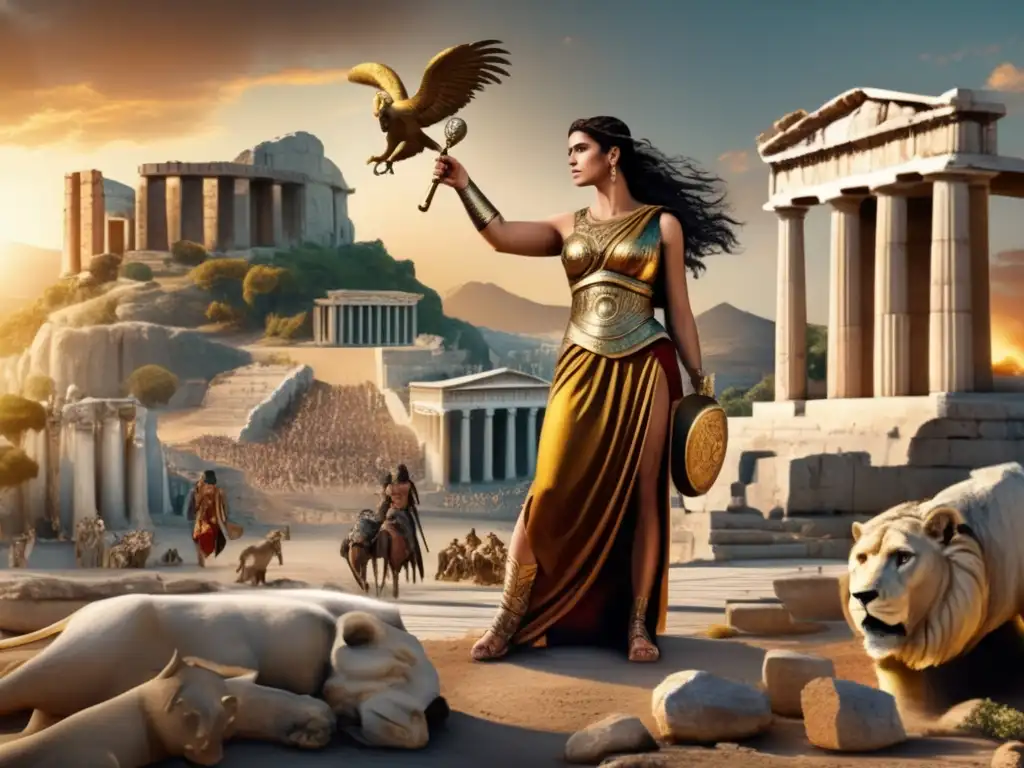 A powerful and regal Hecuba, clutches the infamous Achilles heel, while standing amidst the ruins of Troy