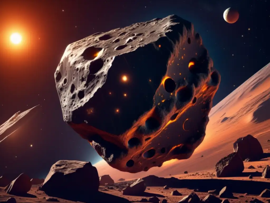 ){He A majestic hecuba asteroid, with jagged rocks and irregular grooves, orbits in space, surrounded by intricate celestial bodies and debris