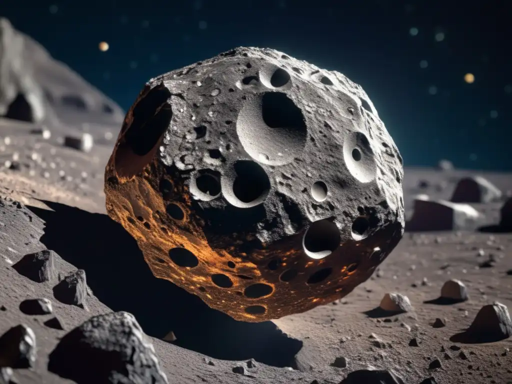 Photorealistic Asteroid Hecuba: A Closup Celebrating Unique Features Hecuba, the enigmatic asteroid with a dazzling surface and a metallic core, revealed in photorealistic detail