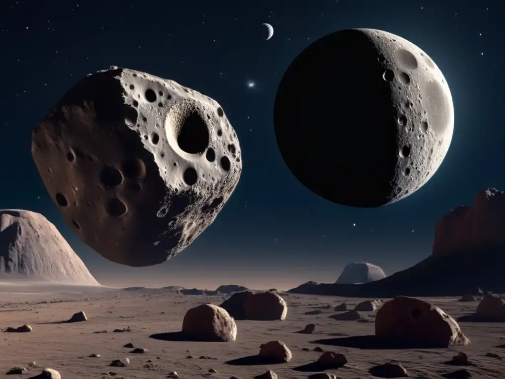 A stunning photorealistic depiction of Hektor, the Trojan Asteroid, with its captivating cratered surface and accompanying moon