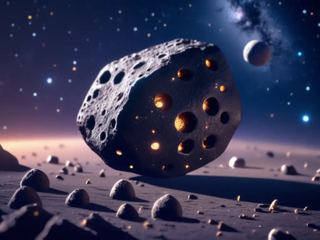 Dark asteroid Helio, a metallic sphere with sharp craters, adrift in a starry cosmic space
