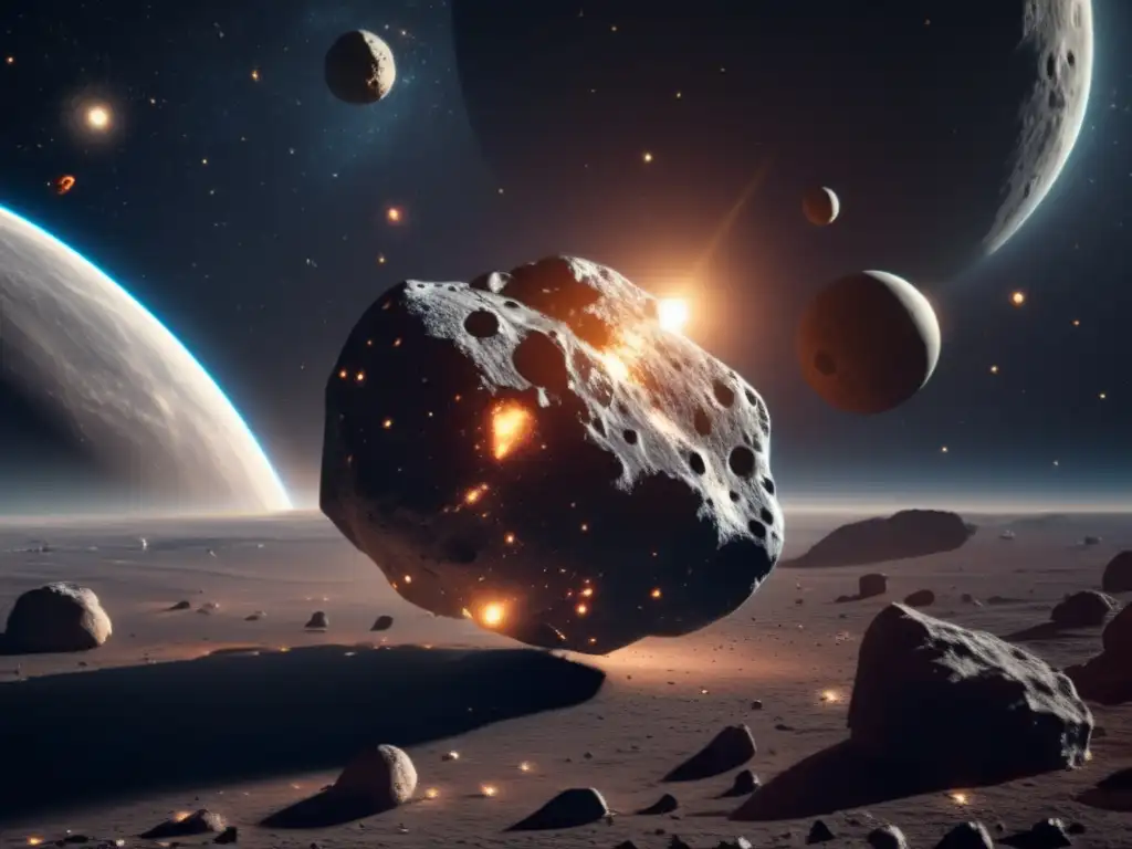 A celestial wonder, zooming in on an asteroid's intricate helixlike pattern, revealing craters and rocks, set against a spacelike black expanse, distant stars and galaxies shimmering in the distance
